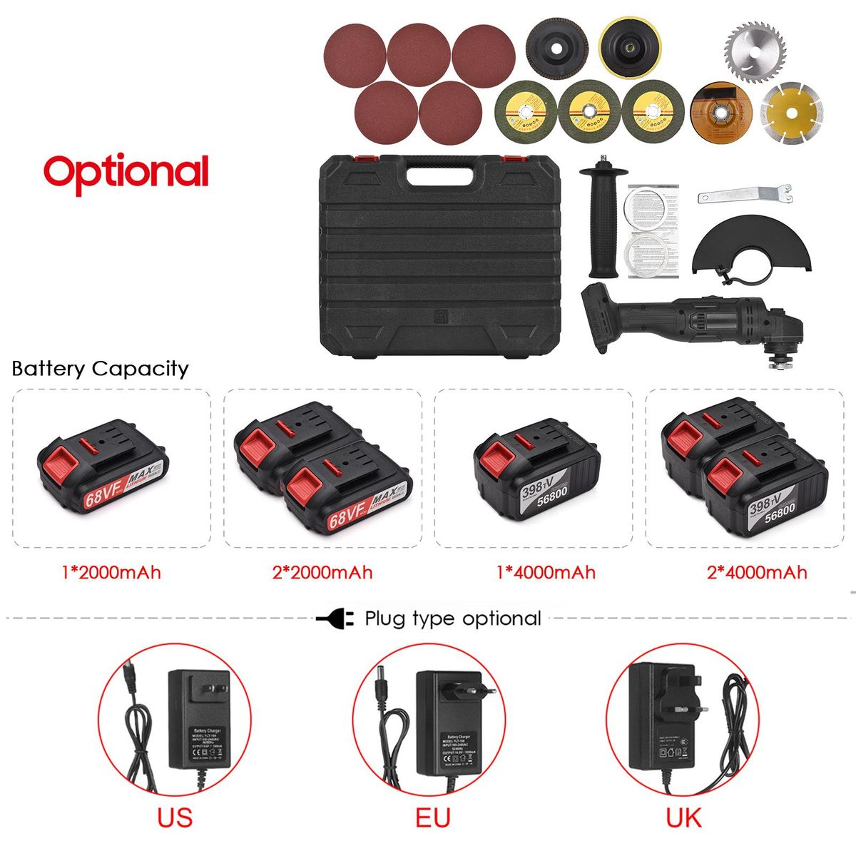 Battery-operated Electric Angle Grinder Portable Lithium Battery Grinder Machine Handheld Battery Grinder Tool with Li-ion Battery & Charger 2-Position Handle with Disc Charger & Carrying Case Kit for Metal Wood Cutting Grind