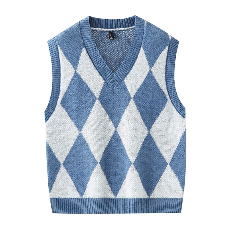 Men Checkered Checkboard Tank Vest Thick Knit Jumper Korean-Blue