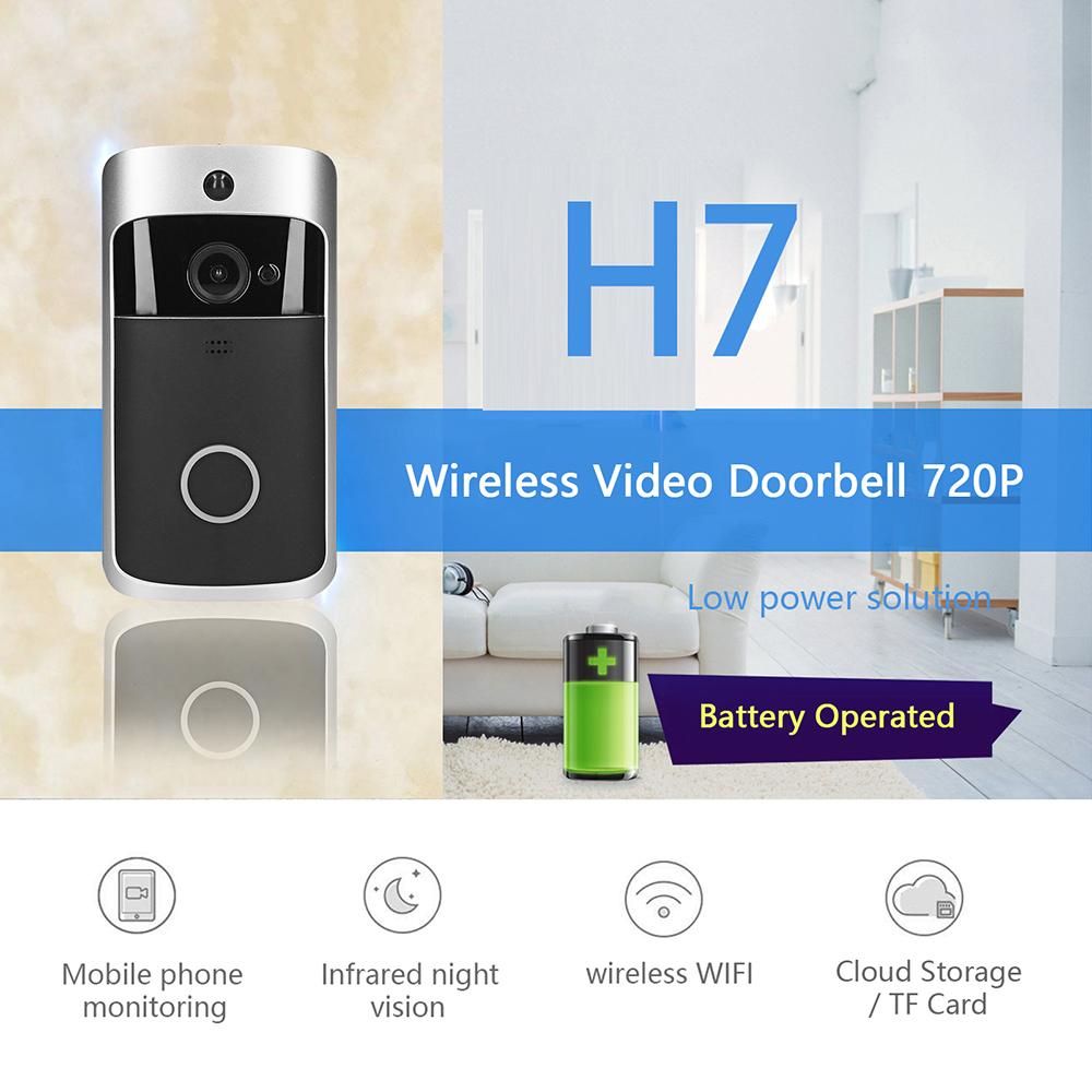 Wireless Video Doorbell 720P Visual Real-time Intercom Wi-Fi Video Bell PIR Detection Night Vision 2-Way Talk Home Security Camera with 166° Viewing Angle Smart Door Bell Supports Cloud Storage or TF Card