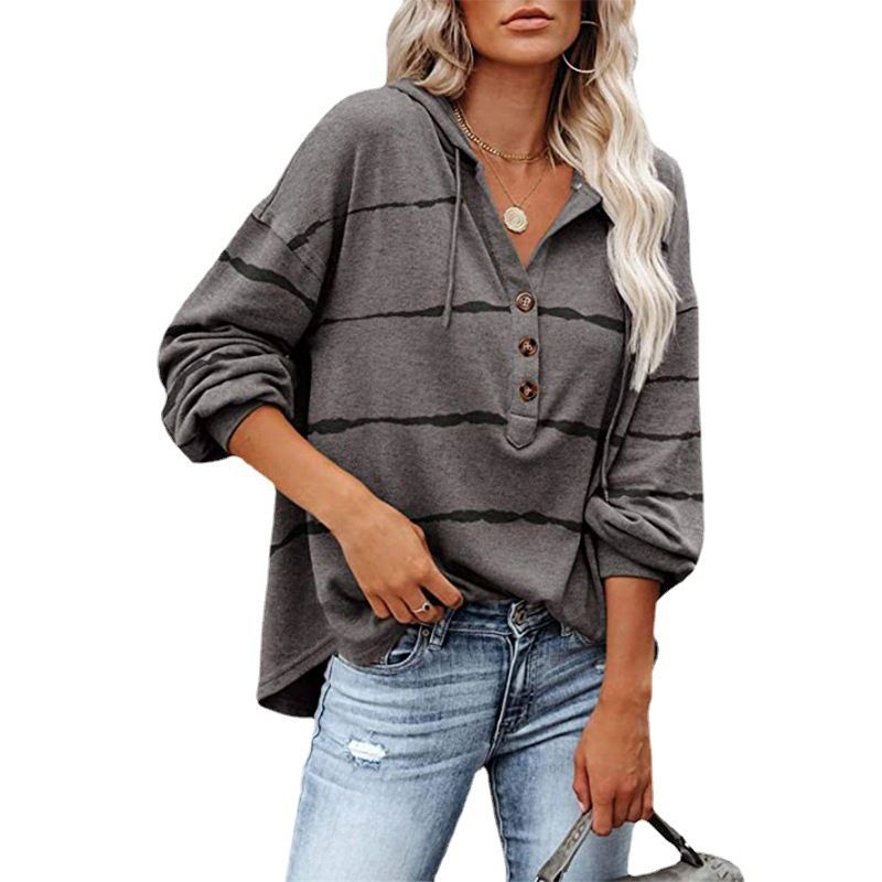 Gray-Ladies Sweater Autumn And Winter Stripe Style V-Neck Oned Casual Hooded Top Women's