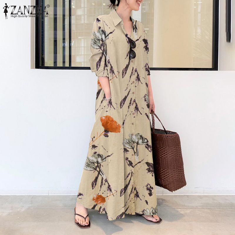 ZANZEA Muslimah Womens Muslim Ruffle Long Dress