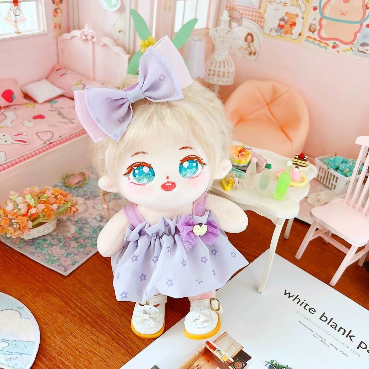 Doll Skirt Set 20cm Cotton Girl Doll Dress Headdress Set Purple