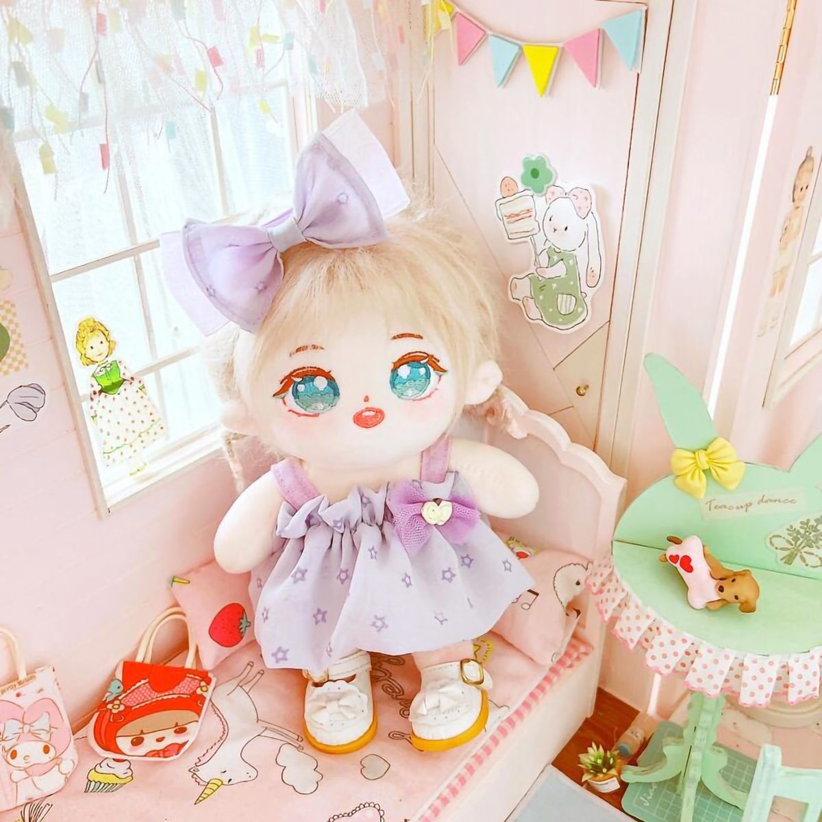 Doll Skirt Set 20cm Cotton Girl Doll Dress Headdress Set Purple