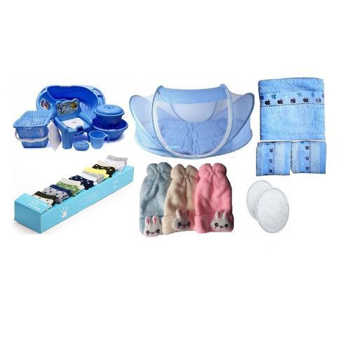 Baby Bath Set Bed Towel Socks Caps With Free Breast Pad-Blue