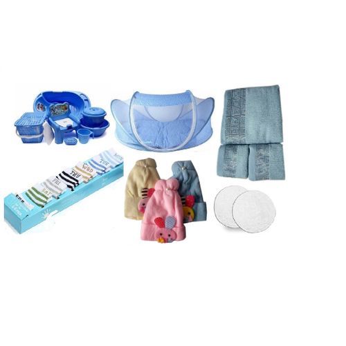 Baby Bath Set Bed Towel Socks Caps With Free Breast Pad-Blue