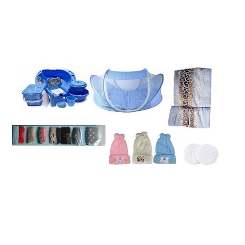 Baby Bath Set Bed Towel Socks Caps With Free Breast Pad-Blue