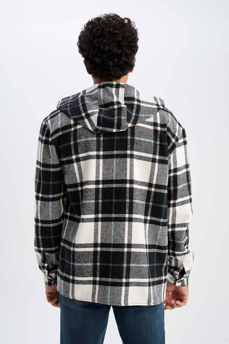 Man Young Oversize Fit Hooded Woven Long Sleeve Shirt - Black