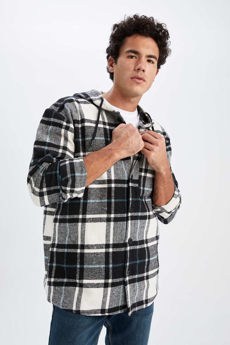 Man Young Oversize Fit Hooded Woven Long Sleeve Shirt - Black