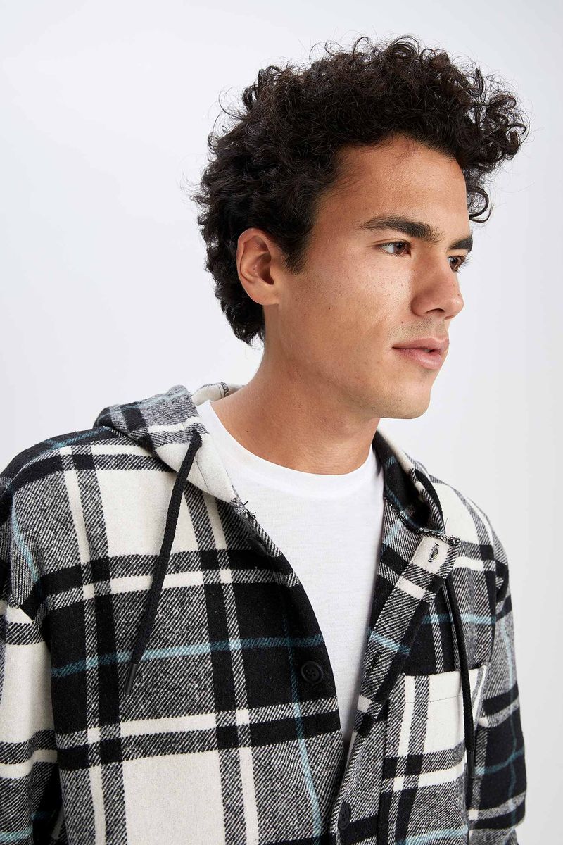 Man Young Oversize Fit Hooded Woven Long Sleeve Shirt - Black