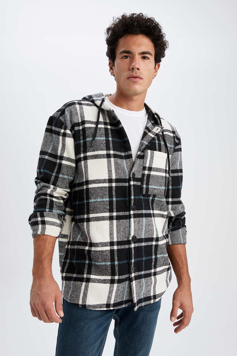 Man Young Oversize Fit Hooded Woven Long Sleeve Shirt - Black