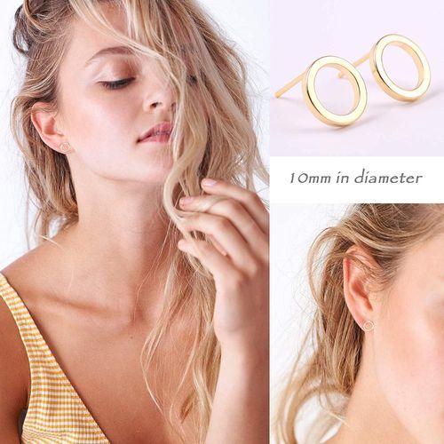 18K Gold Circle Stud Earrings 10MM Small Round Hoop Post For