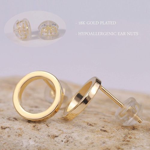 18K Gold Circle Stud Earrings 10MM Small Round Hoop Post For
