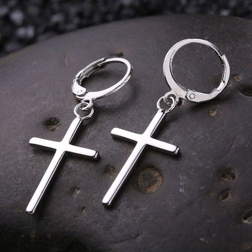 Men's Silver Cross Earrings Trendy Masculine Circle Ear Hoop