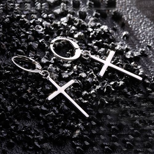 Men's Silver Cross Earrings Trendy Masculine Circle Ear Hoop