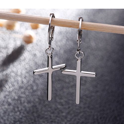 Men's Silver Cross Earrings Trendy Masculine Circle Ear Hoop
