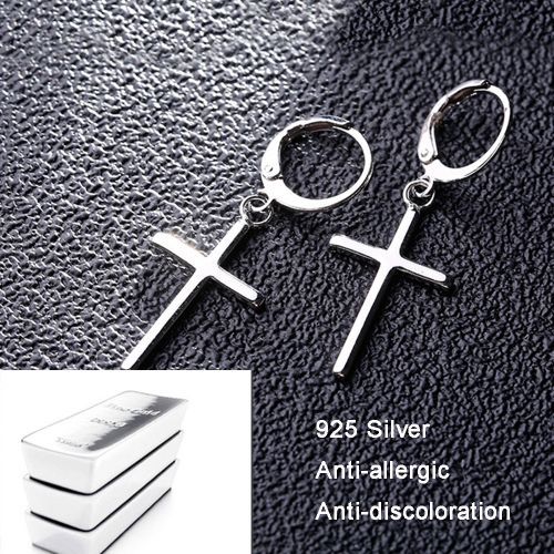 Men's Silver Cross Earrings Trendy Masculine Circle Ear Hoop