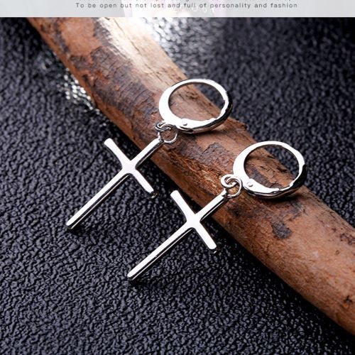 Men's Silver Cross Earrings Trendy Masculine Circle Ear Hoop