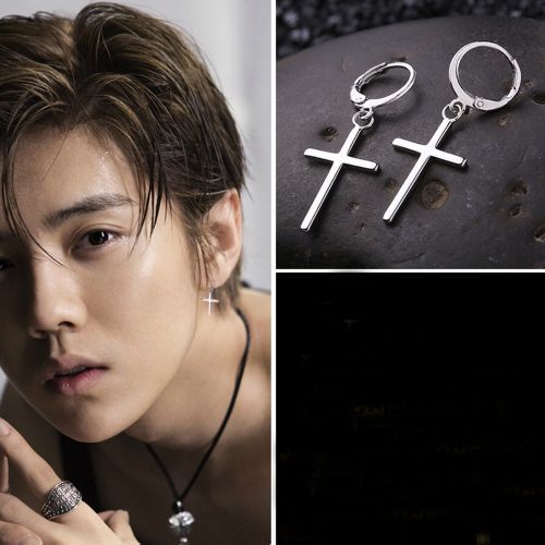 Men's Silver Cross Earrings Trendy Masculine Circle Ear Hoop