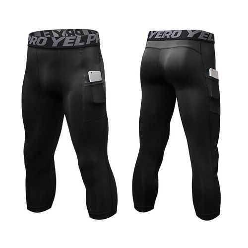 High Waist Leggings Sport Men's Running Tights Sport Cropped Trousers（Black）