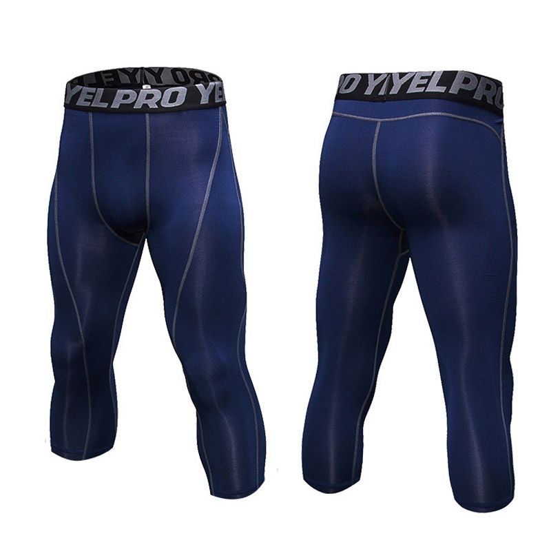 Men Sport Cropped Trousers,High Waist Leggings Sport Pants Tights（Navy Blue）