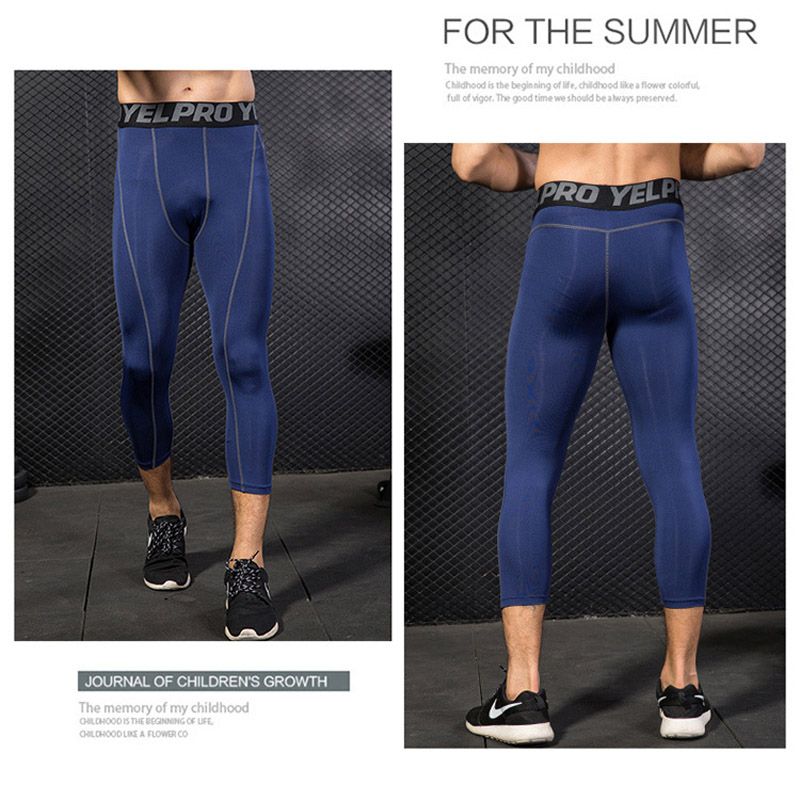Men Sport Cropped Trousers,High Waist Leggings Sport Pants Tights（Navy Blue）