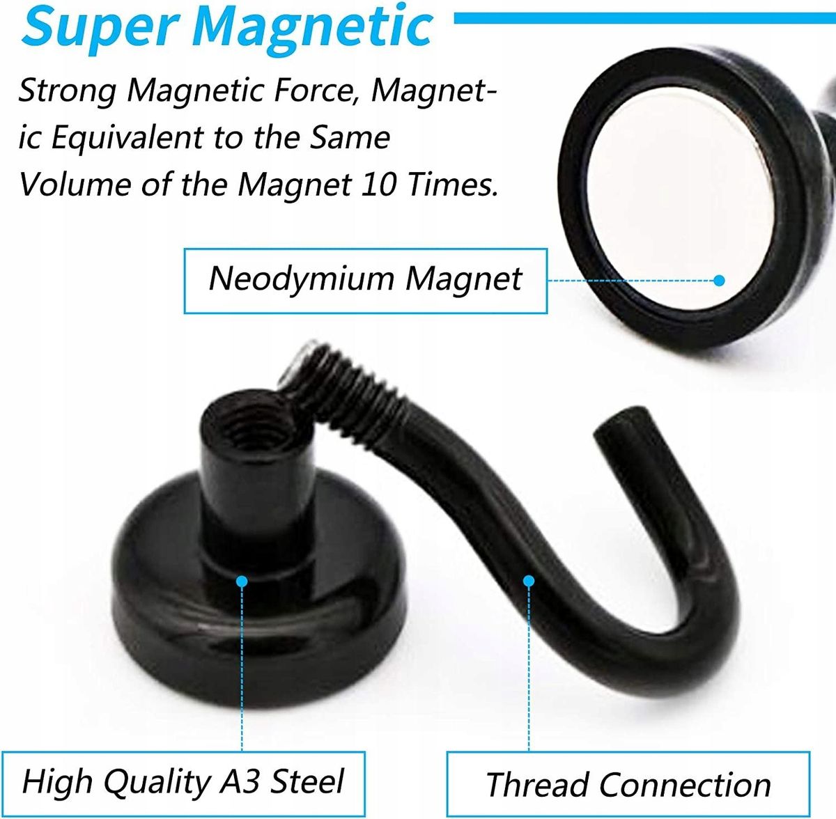 8pcs Black Magnetic Hooks 12Lbs Strong Hangers Heavy Duty Magnetic Hooks D16 Strong Holding Hooks
