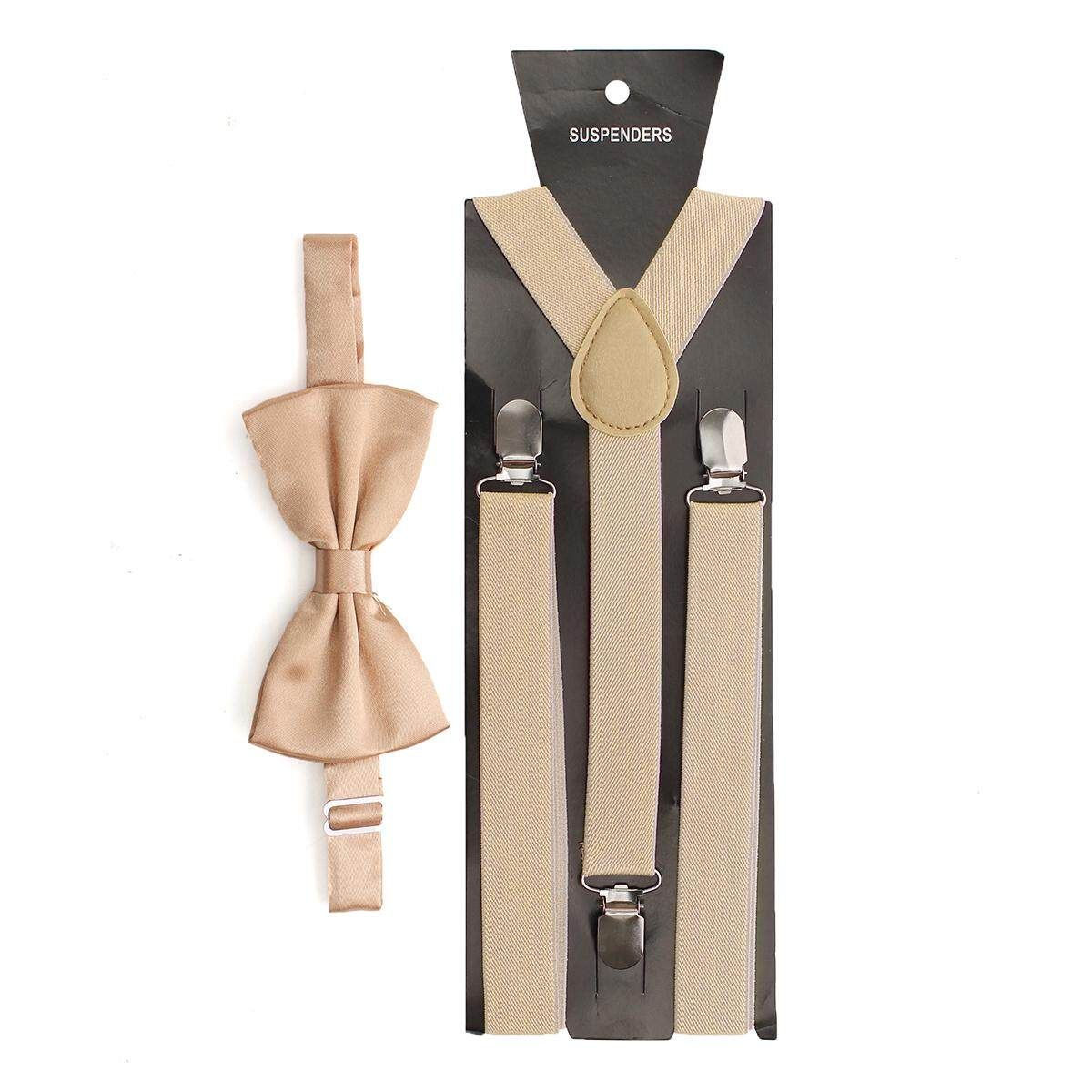 Mens Clip-on Suspenders Elastic Adjustable Y-Back Braces With Bow Tie Suit Set Beige
