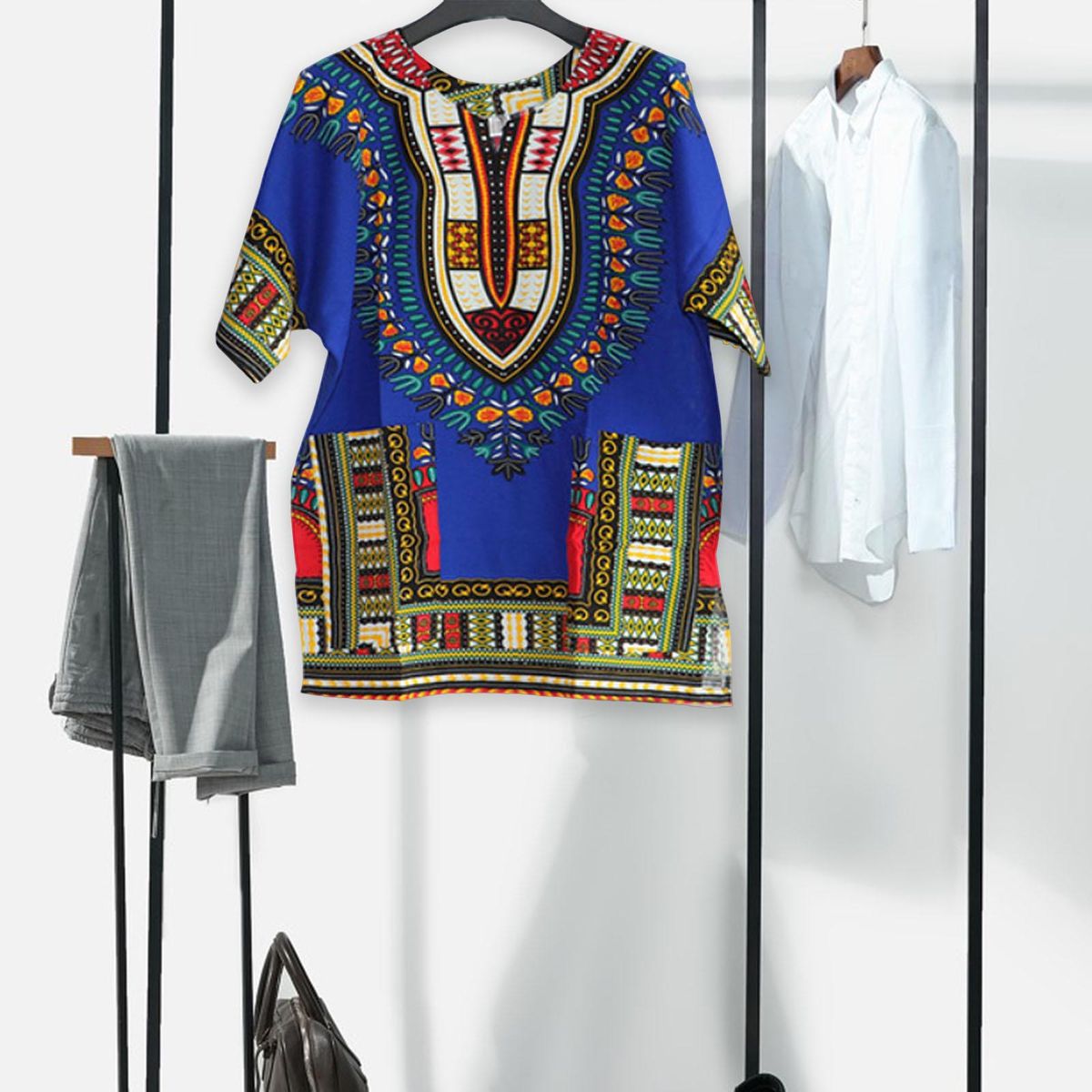 Unisex African Dashiki Shirt Colorful Traditional Style One Size  Blue