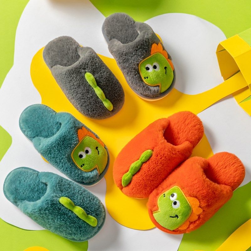 Cartoon Dinosaur Fluffy Plush Flip Flop Indoor Home Toddler Slippers Girls  Slides