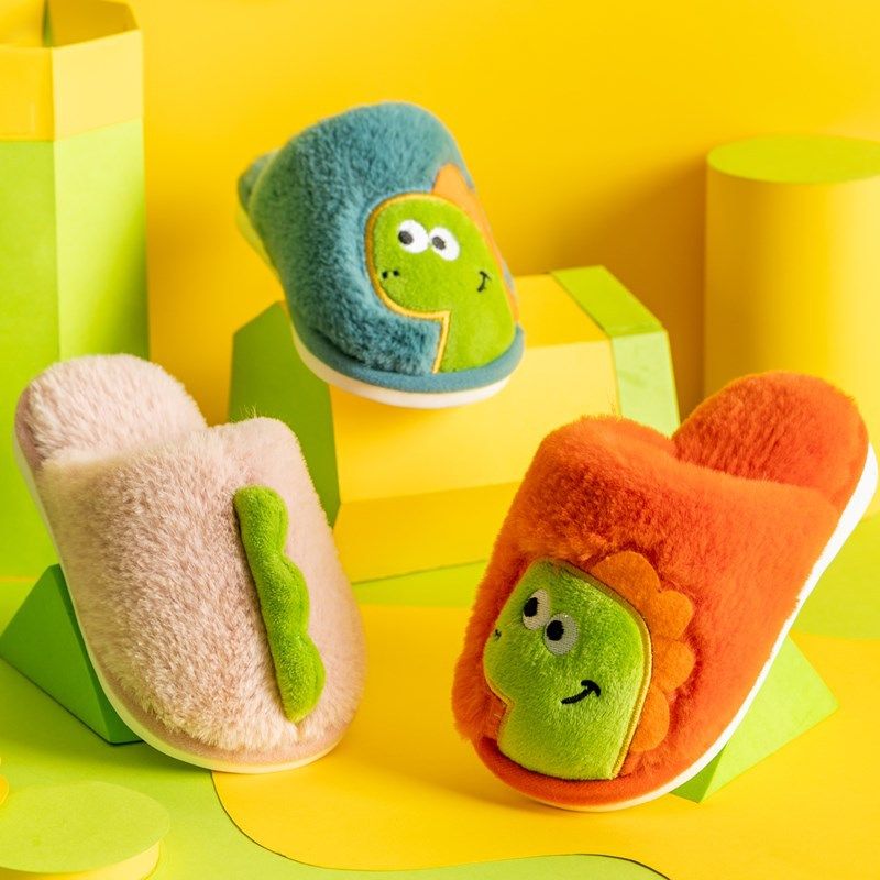Cartoon Dinosaur Fluffy Plush Flip Flop Indoor Home Toddler Slippers Girls  Slides