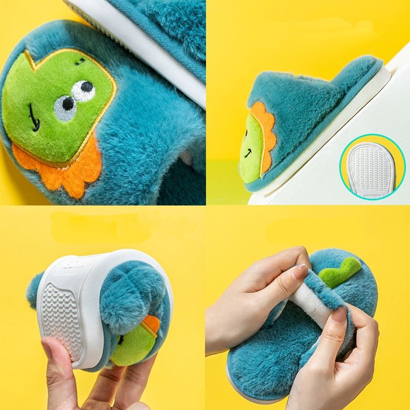 Cartoon Dinosaur Fluffy Plush Flip Flop Indoor Home Toddler Slippers Girls  Slides