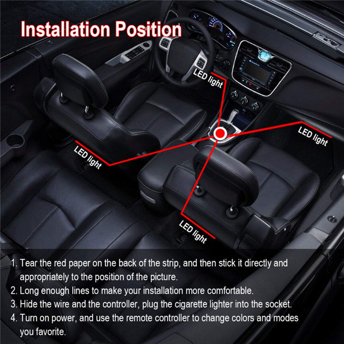 12V 9LED Car Interior RGB LED Strip Lights Atmosphere Decorative Neon Music Lamp Purple