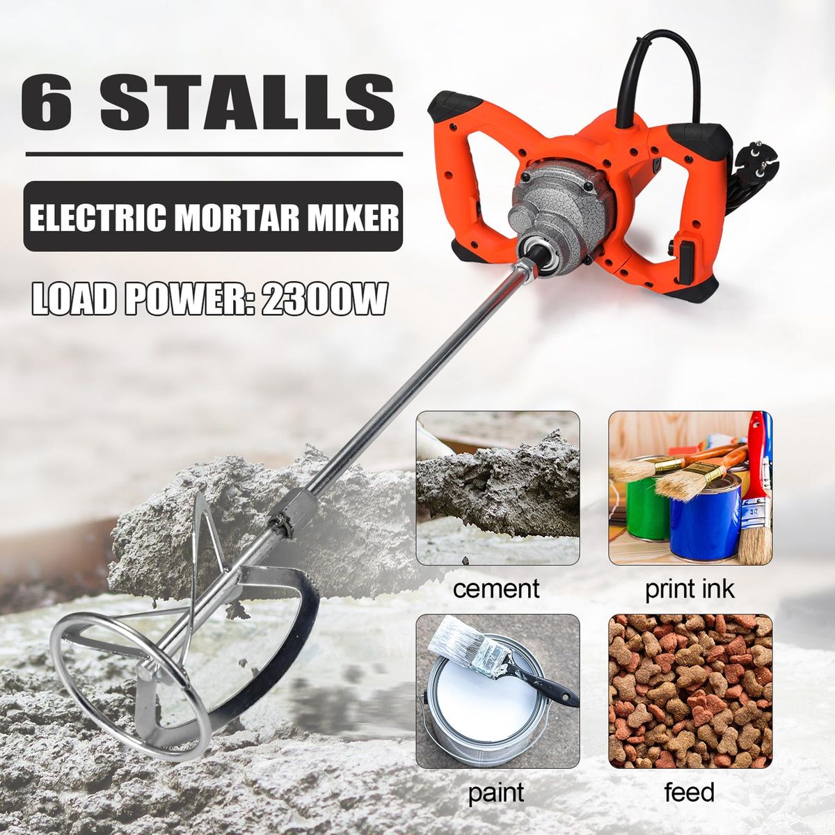 KKMOON 2300W Industrial Grade Mixer 6 Gear Adjustable Speed Handheld Paint Cement Plaster Mortar Coating Mixer Putty Powder Mixing Machine