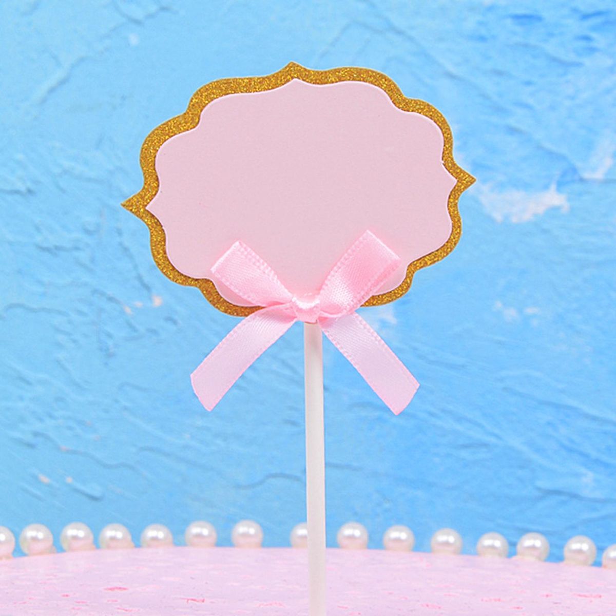 Cheese Topper 50pcs Cupcake Topper Label Marker Kit with Ribbon Pink