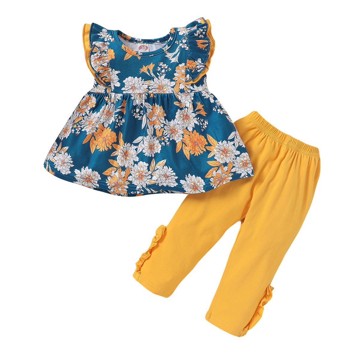 Baby Girls Outfit Floral Flying Sleeve Tank Tops + Yellow Long Pants