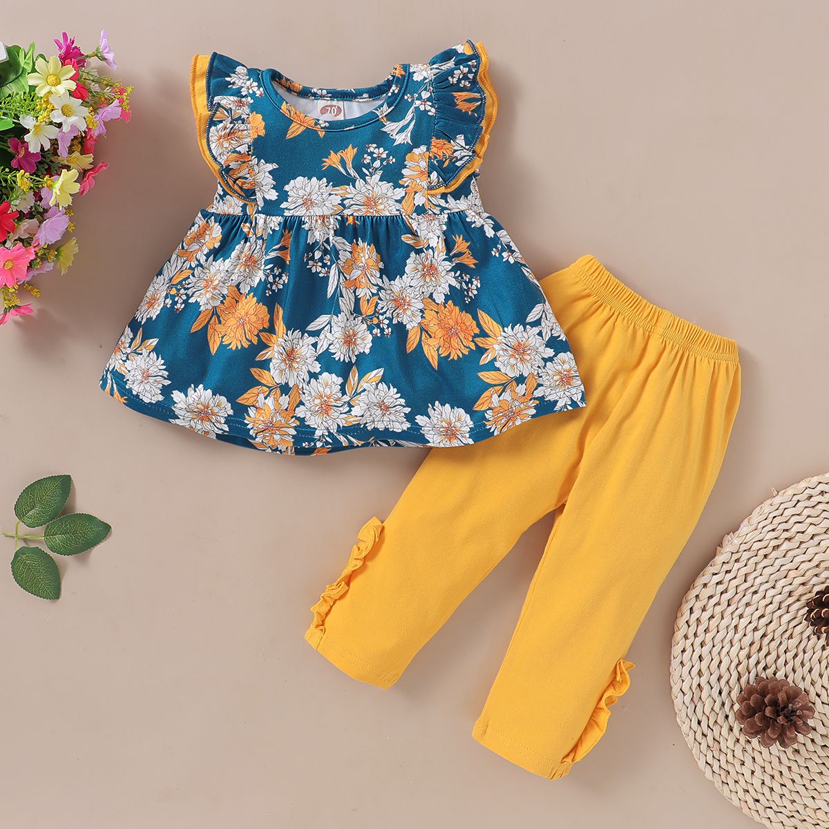 Baby Girls Outfit Floral Flying Sleeve Tank Tops + Yellow Long Pants