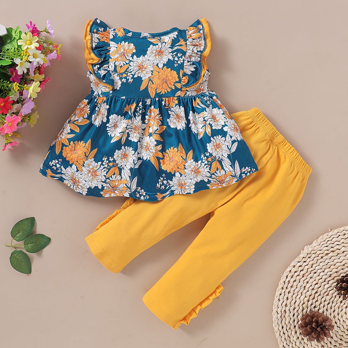 Baby Girls Outfit Floral Flying Sleeve Tank Tops + Yellow Long Pants