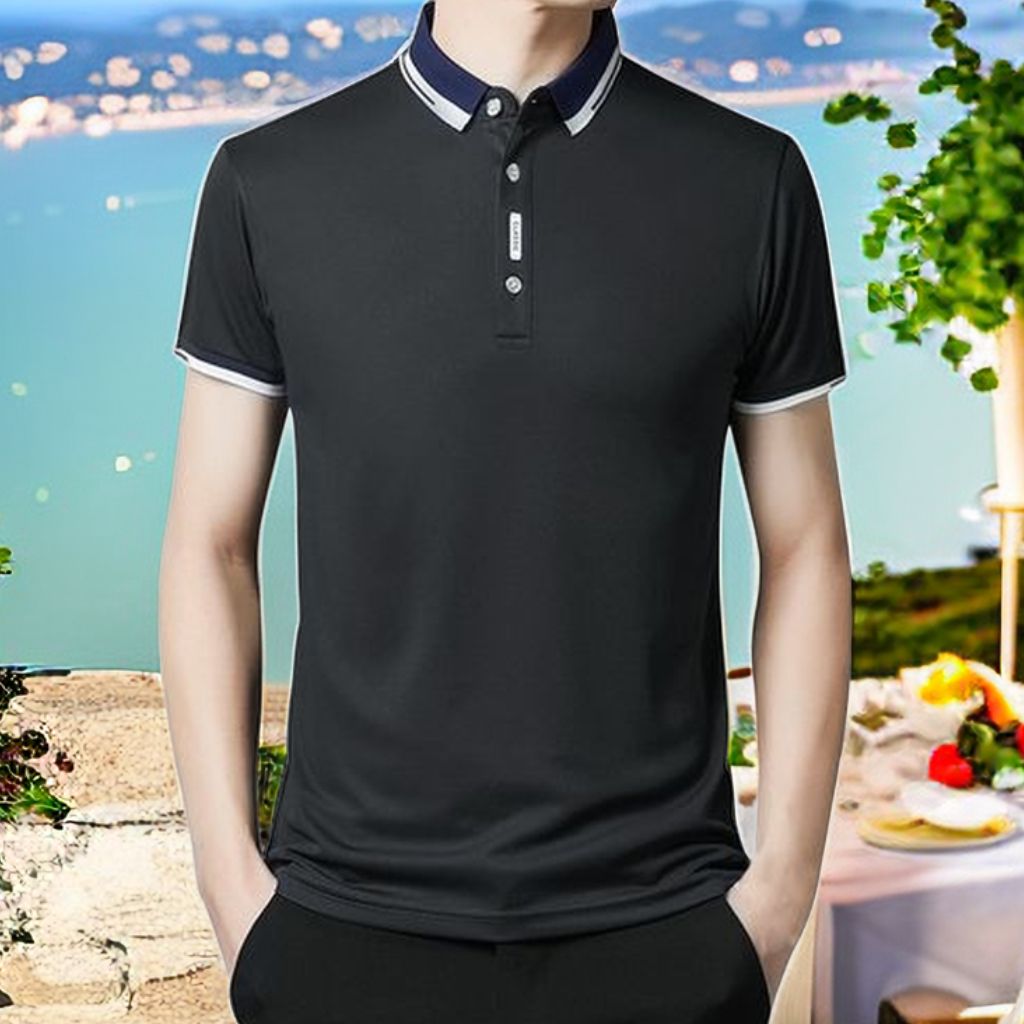 Men's Cotton Casual Short Sleeved Round Neck T-shirt Polo Shirt - Black
