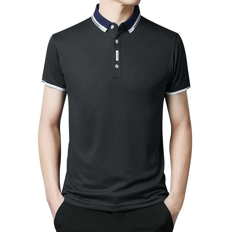 Men's Cotton Casual Short Sleeved Round Neck T-shirt Polo Shirt - Black
