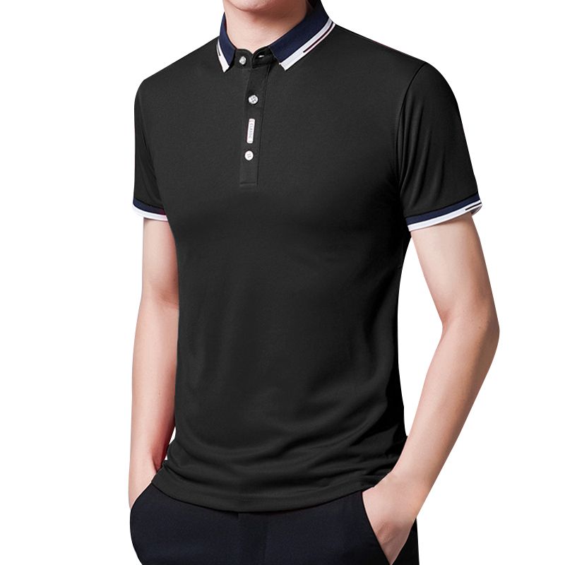 Men's Cotton Casual Short Sleeved Round Neck T-shirt Polo Shirt - Black