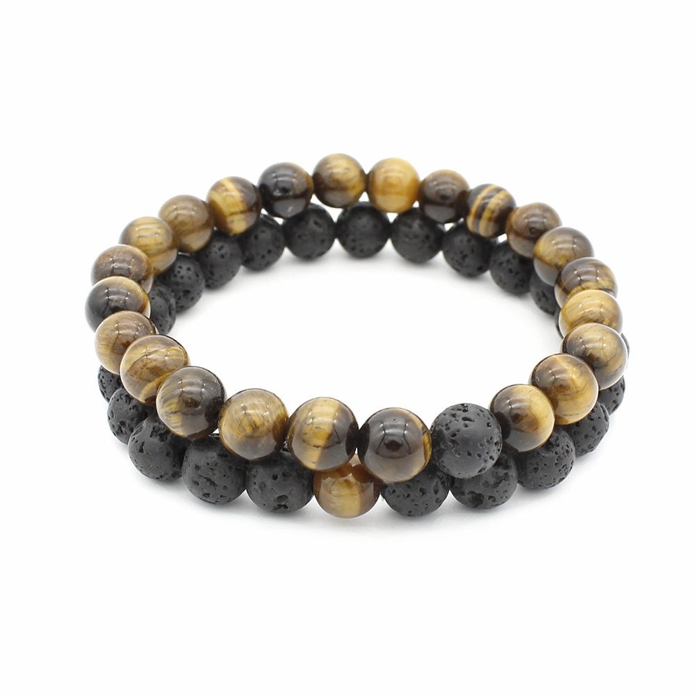2 IN 1 Tiger Eye Stone Beads Bracelet Brown & Black