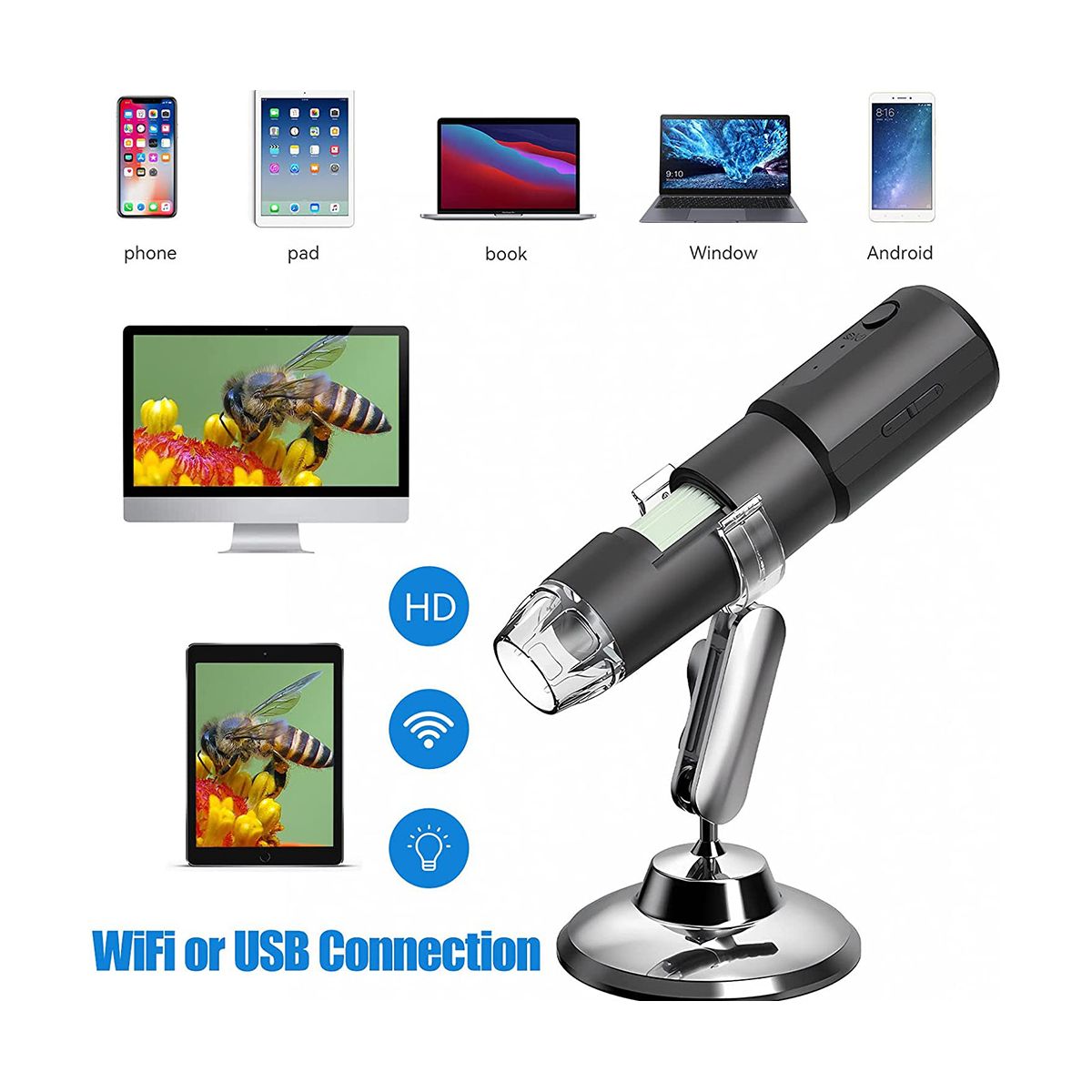 Wireless Digital Microscope Compatible with Laptop Windows Mobile Phone ComputerBlack