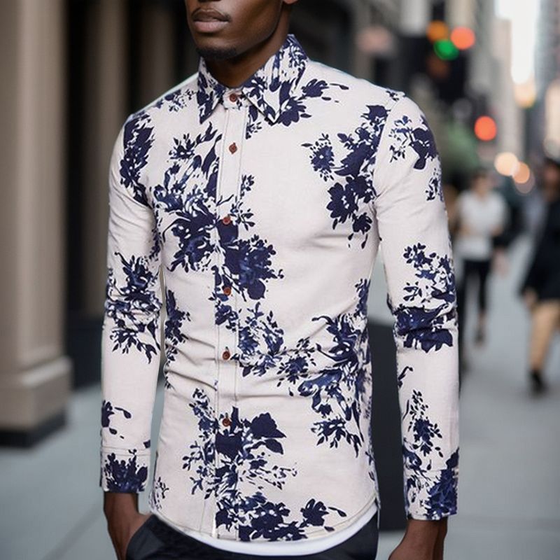 Mens Long Sleeve Casual Pattern Floral Polo Business Printed Shirts