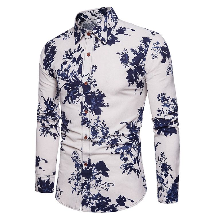 Mens Long Sleeve Casual Pattern Floral Polo Business Printed Shirts