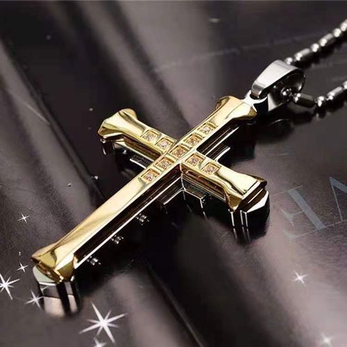 A Stylish Unisex Gold Crystal Cross Titanium Necklace