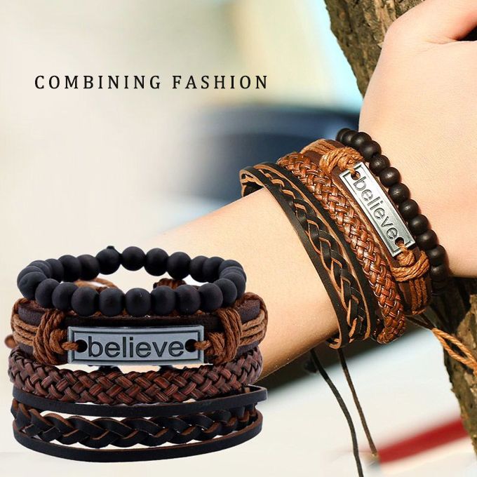4 In 1 PU Leather Mens Bracelets Retro Braided Adjustable Hand Bracelet