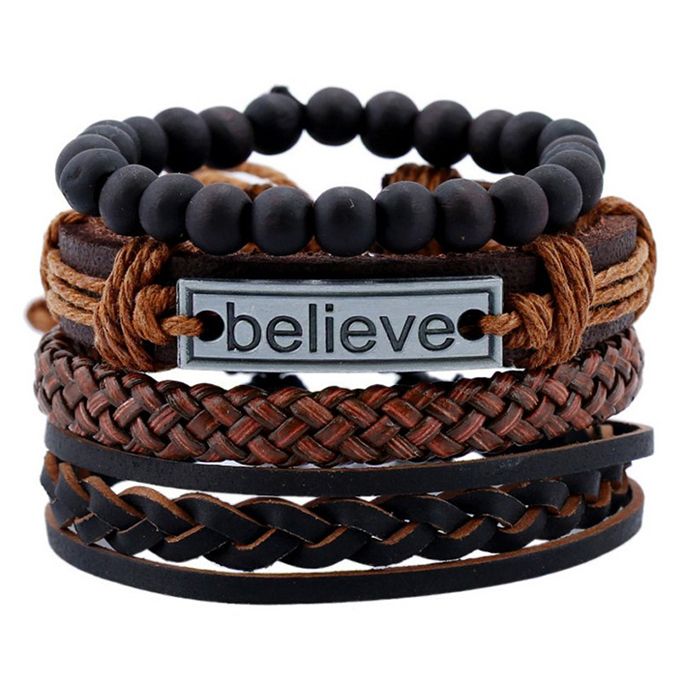 4 In 1 PU Leather Mens Bracelets Retro Braided Adjustable Hand Bracelet