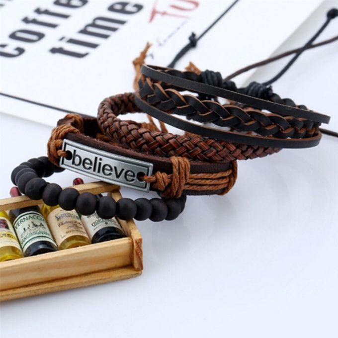 4 In 1 PU Leather Mens Bracelets Retro Braided Adjustable Hand Bracelet