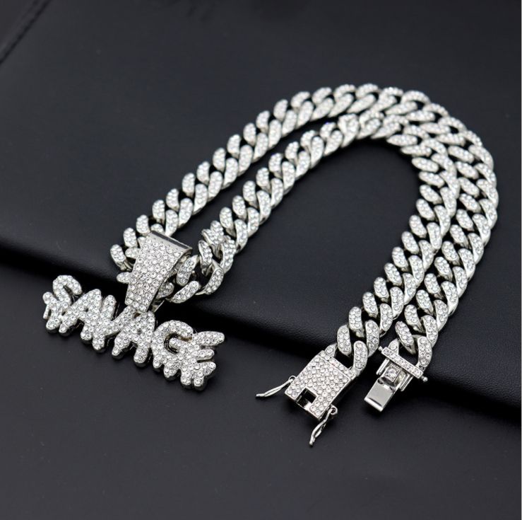 Cuban Link Chain With SAVAGE Pendant Silver DIAMOND
