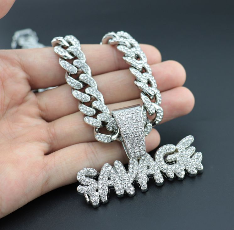 Cuban Link Chain With SAVAGE Pendant Silver DIAMOND